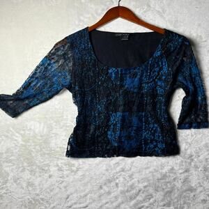 Y2K Kiara Dark Whimisgoth Lace Floral Blouse Black Blue Women's L Fairy Goth